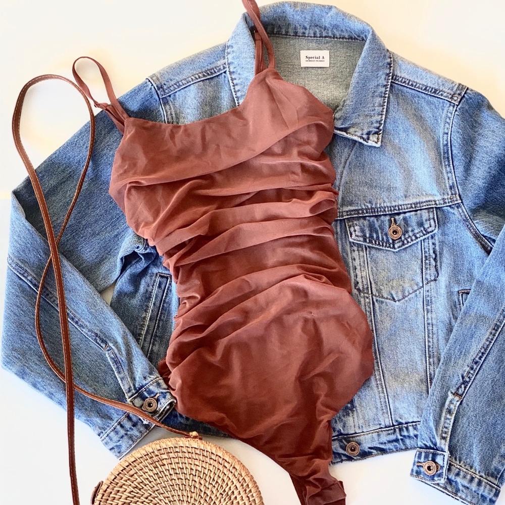 Orange Mesh Sheer Sleeveless Bodysuit